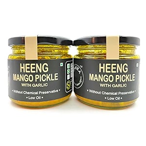 zaaika garlic heeng mango pickle low oil indian traditional home made hing garlic achaar with glass jar  no preservatives - 600 grams pack of 2 300gr each