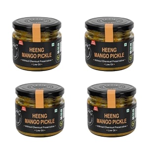 zaaika heeng mango pickle low oil indian traditional home made hing aam ka achaar with glass jar  no preservatives - 1200 grams heeng mango pickle pack of 4 each of 300 gm