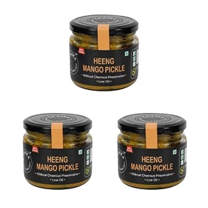 zaaika heeng mango pickle low oil indian traditional home made hing aam ka achaar with glass jar no  preservatives - 900 grams heeng mango pickle pack of 3 each of 300 gm