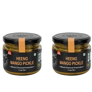 zaaika heeng mango pickle low oil indian traditional home made hing aam ka achaar with glass jar  no preservatives - 600 grams heeng mango pickle pack of 2 each of 300 gm
