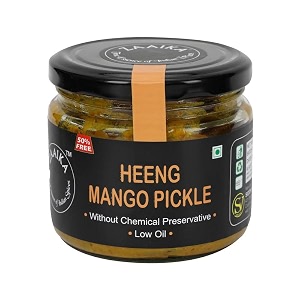 zaaika heeng mango pickle low oil indian traditional home made hing aam ka achaar with glass jar  no preservatives - 300 grams
