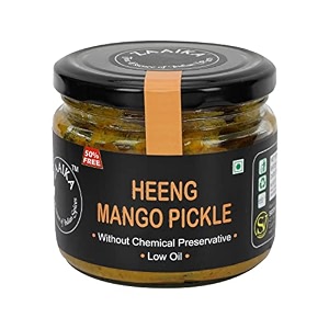 zaaika heeng mango pickle low oil indian traditional home made hing aam ka achaar with glass jar  no preservatives - 300 grams