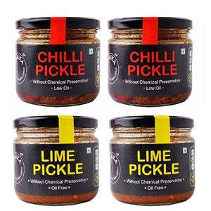 zaaika lemon and chilli pickle low oil indian traditional home made achar with glass jar  no preservative 1kg pack of 4