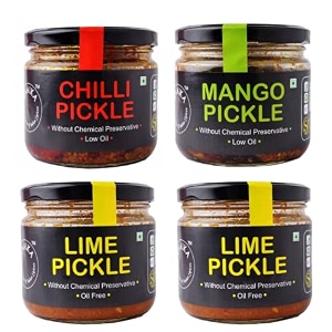 zaaika lemon pickle mango pickle and chilli pickle low oil indian traditional home made achaar with glass jar  with no preservative 11kg pack of 4
