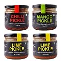 ZAAIKA Lemon Pickle, Mango Pickle and Chilli Pickle Low Oil Indian Traditional Home Made Achaar with Glass Jar | with No Preservative 1.1kg (Pack of 4)