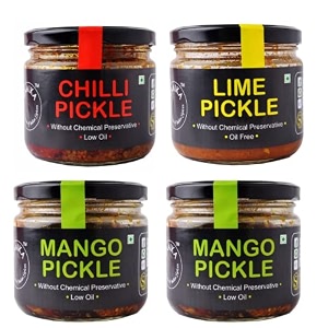 zaaika mango lemon and chilli pickle low oil indian traditional home made achaar with glass jar  no preservative 11kg pack of 4