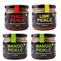 ZAAIKA Mango, Lemon and Chilli Pickle Low Oil Indian Traditional Home Made achaar with Glass Jar | No Preservative 1.1kg (Pack of 4)