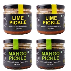 zaaika mango and lemon pickle low oil indian traditional home made achar with glass jar  no preservative 1kg pack of 4 - 300gm each
