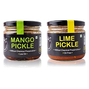 zaaika mango and lime pickle low oil indian traditional homemade aam  nimbu achaar khatta meetha aam ka achaarglass jar no preservative 600 grams pack of 2-mango pickle 300gm and lime pickle 300gm