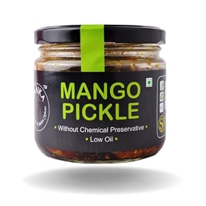 zaaika mango pickle low oil indian traditional home made khatta meetha aam ka achaar  delicious and tangy with glass jar no preservatives - 300 grams