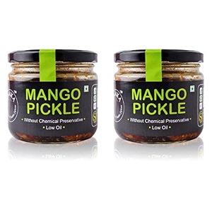 zaaika mango pickle low oil indian traditional home made khatta meetha aam ka achaar  delicious and tangy with glass jar no preservatives - pack of 2 - 300gm each