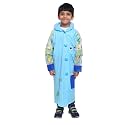 Zacharias Boy's Kids PVC Waterproof Long Raincoat with Attached School Bag Space dino-129 (Blue_Pack of 1)