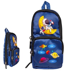 zafco blue space pencil case for boys amp kids  3 layer 6 compartment canvas standing pencil pouch  astronaut theme stationery organizer with mesh pocket  school art amp travel 1 piece