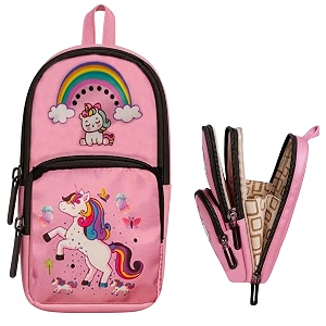 zafco canvas pencil pouch for girls-unicorn theme  3 layers 6 compartment standing pencil case for kids  pen bag large capacity stationery organiser for school college- 1 piece