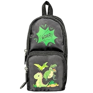 zafco dinosaur theme standing pencil case for kids  large capacity 3 layer backpack design stationery organizer with 6 compartments canvas pouch for boys amp girls- black 1 piece