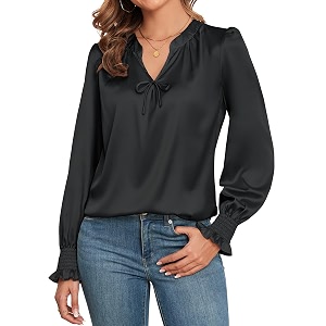 ZAFUL Womens V Neck Blouse Silky Satin