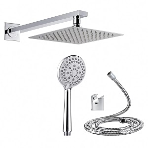 zap hexa ultra square 304 stainless steel overhead shower combo  high pressure rain shower with abs silicone hand shower flexible hose pipe wall hook  rust-free chrome finish