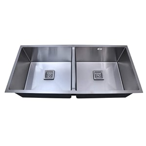 zap double bowl kitchen sink  37x18 cm stainless steel chrome finish with dual water aerator drainer basket steel waste coupling amp waste pipe  noise reduction pads  easy drainage  large size