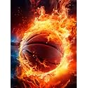 Zariocy 5D Diamond Art Kits for Adults Basketball Fire, DIY Diamond Painting Art Round Full Drill Crystal Diamond Embroidery Paintings Arts Craft for Home Office Wall Decor 12x16 inch