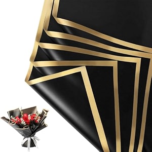 zarwani - 30 sheets korean style waterproof black bouquet wrapping paper 58cm x 58cm 60 microns  golden border design giftwrap for flowers amp diy gift wrapping paper 30 gold border black
