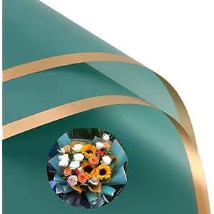 zarwani - 10 sheets korean style waterproof light green bouquet wrapping paper 58cm x 58cm 60 microns  golden border design giftwrap for flowers amp gift wrapping paper 10 gold border l green