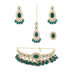 zaveri pearls green stones beads kundan choker necklace earring maangtikka amp ring set for women-zpfk18452