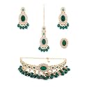 ZAVERI PEARLS Green Stones Beads Kundan Choker Necklace Earring Maangtikka & Ring Set For Women-ZPFK18452