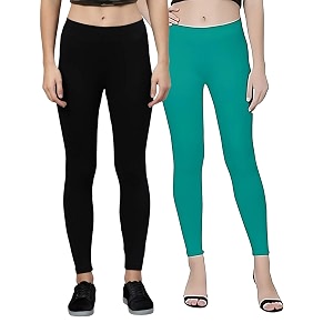 zayanqa combo of 2 slim fit womengirls solid stretchable cotton ankle length leggings with ultrasoft wide elastic waistband comfortable fashionwear