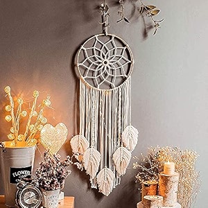 cotton macrame dream catcher type woven feather wall hanging handmade dreamcatcher boho tassels decoration home decor ornament craft gift leaf - 1 white