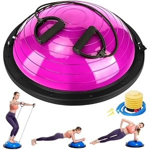 zealty half balance ball trainer half yoga exercise ball with resistance bands and foot pump balance trainer for stability training strength exercise fitness home gym workout equipment red rose