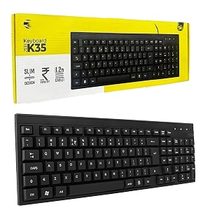 d25 zeb-k35 usb wired keyboard with rupee key spill-proof and slim design 106 keys wired usb standard multi-device keyboard compatible with desktop laptop mac black
