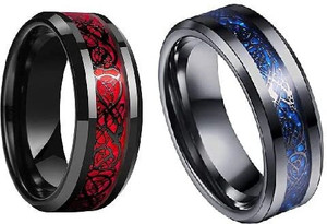 zebisco black tungsten carbide silvering celtic dragon blue  red carbon tungsten platinum silver sterling silver titanium plated ring