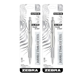 zebra pen zebra f-701 stainless steel ballpoint retractable pen black ink 8mm fine point 2 pack