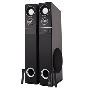 zebronics bt9500 pro multi connectivity tower speaker with 120w output bluetooth v50 hdmi arc optical in aux usb fm dual wireless mics 2 x 254cm subwoofer powerful bass wooden cabinet