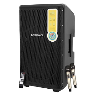 zebronics epic party dj speaker 300 watts supports bluetooth usb msd aux dual uhf wireless mic karaoke amp recording function wired mic amp guitar input