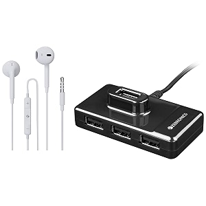 zebronics zeb-100hb 4 ports usb hub for laptop pc computers amp zeb-buds 30 35mm stereo wired in ear earphones with mic for calling volume control multifunction button 14mm drivers stylish eartip