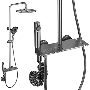 zeecry luxury thermostatic shower set finish matte greycolor  4 in 1 wall mixer single lever shower panel rain fall heavy brass stainless steel waterfall bathroom shower systemhand shower modular