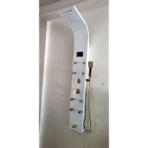 zeecry multifunction luxury shower panel  stainless steel waterfall amp rainfall shower 8 body massage sprays temperature display wall-mount easy connect white gold