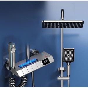 zeecry shower panel with led display finish matte greycolor  4 in 1 wall mixer single lever shower panel rain fall heavy brass waterfall bathroom system