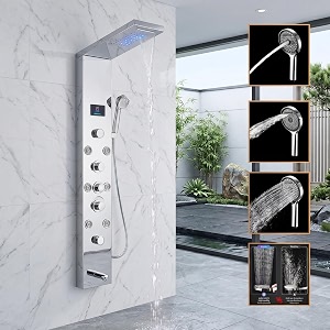 zeecry shower panel stainless steel 304 8 in 1 thermostatic system with led rainfall  hot amp cold water adjustable  hand shower  body mist spray shower