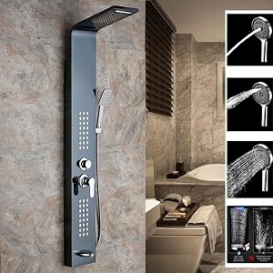 zeecry shower panel luxurious 5-in-1 panel with rainfall body massage spray handheld shower and wall mount - easy connect kit - matte black finish