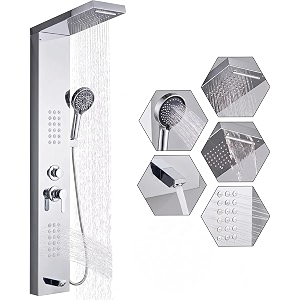 zeecry shower panel luxury system thermostate shower panel tower system body massage spray shower temperature display easy connect chrome finish stainless steel 304