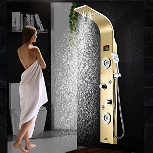 zeecry 6-in-1 ss304 shower panel  matte black finish  waterfall amp rainfall shower  body massage jets  hand shower  tub spout  hot amp cold mixer gold