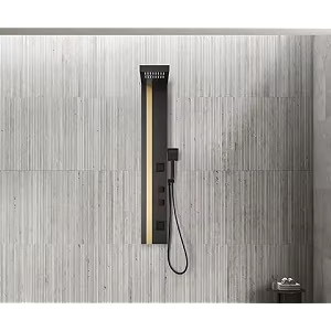zeecry ss304 thermostatic shower panel  matte black gold 5-in-1 tower system with body massage spray handheld shower amp wall mount easy connect design