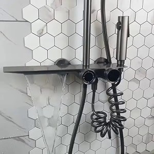 thermostatic set rainfall modular shower panelwall mount shower set for bathroom 4 function mixer hot amp cold shower systemoverhead rectangle showergrey color brass body