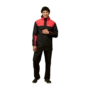zeel rain coat for men waterproof for bike riders with adjustable hood along with inner pockets polyester rainwear suit pants and waterproof drawstring bag eze401 black-red l