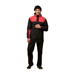 zeel rain coat for men waterproof for bike riders with adjustable hood along with inner pockets polyester rainwear suit pants and waterproof drawstring bag eze401 black-red xl