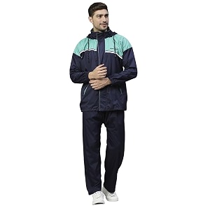 zeel rain coat for men waterproof for bike riders with adjustable hood along with inner pockets polyester rainwear suit pants and waterproof drawstring bag eze401 navy-blue l