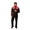 ZEEL Rain Coat for Men Waterproof for Bike Riders with Adjustable Hood along with Inner Pockets, Polyester Rainwear Suit, Pants and Waterproof Drawstring Bag (EZE401, Black-Red, L)