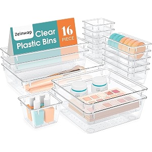 zeinwap desk drawer organizers trays set clear plastic storage bins bathroom drawer tray dividers vanity trays organizer for bedroom dresser makeup kitchen utensil office 16 piece